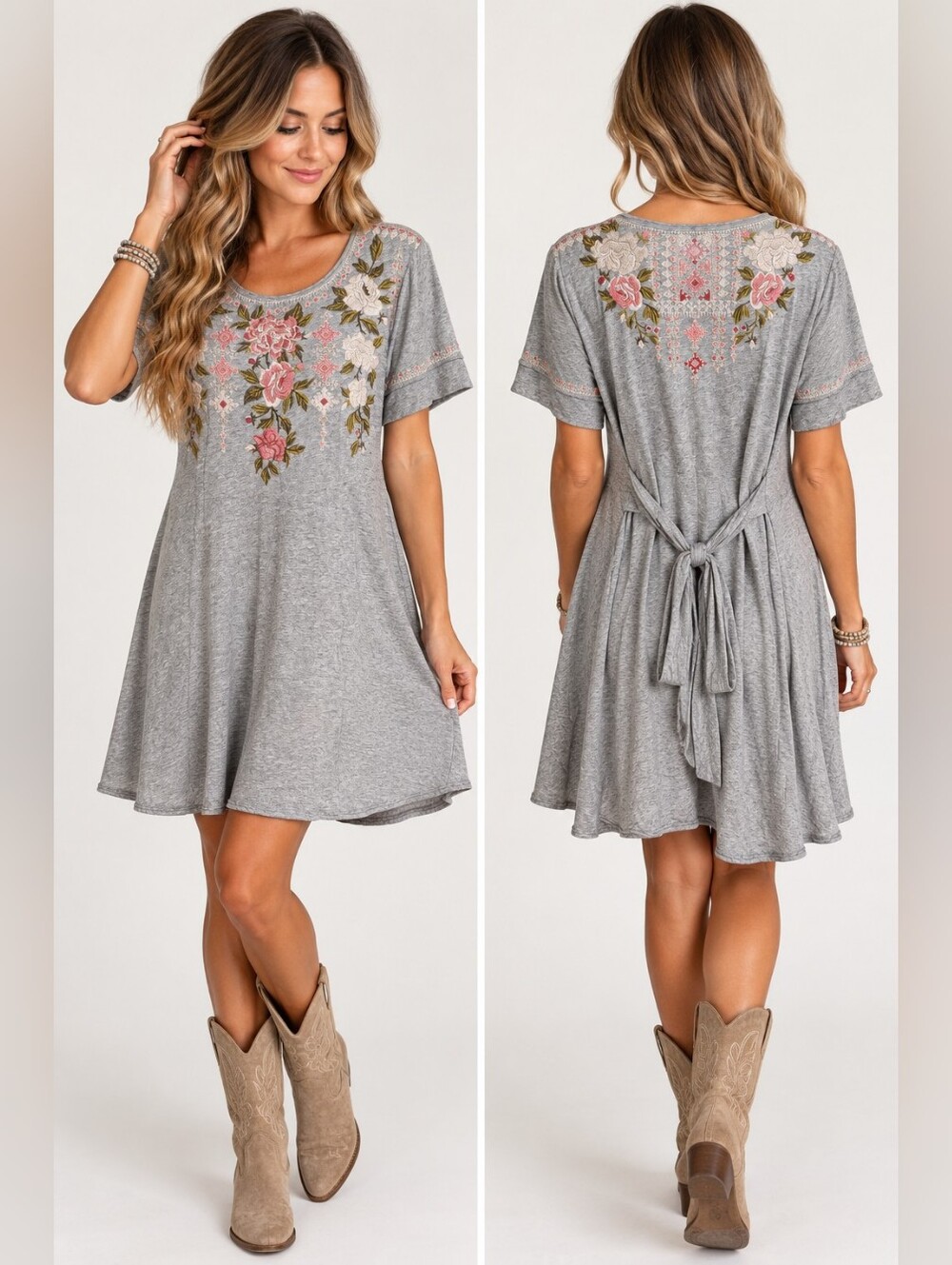 Johnny Was Gray Floral Embroidered Tie Back Swing Dress Size Small